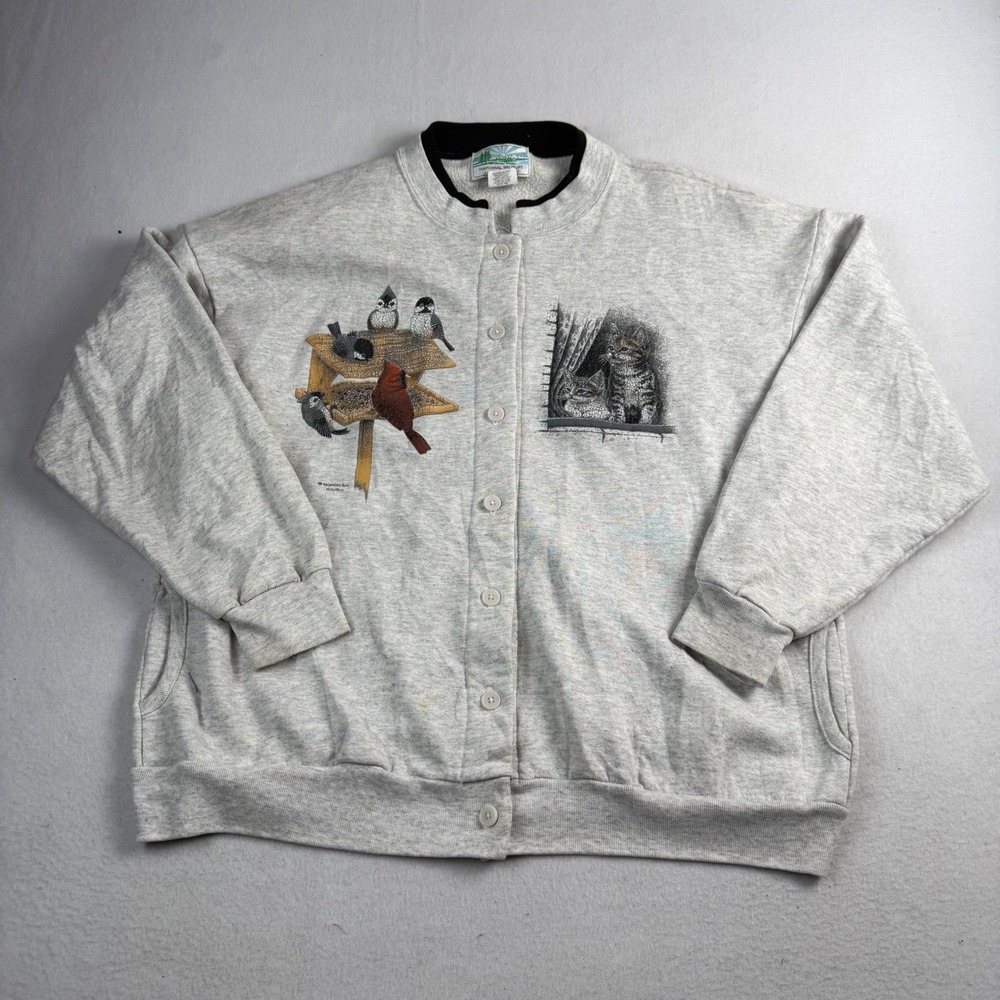 National Wildlife Vintage Birds Kittens Button Front Sweatshirt Gray Large